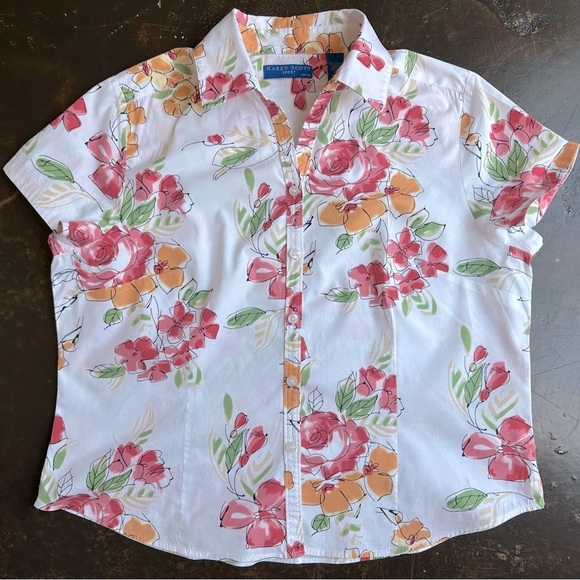 Karen Scott White Pink Short Sleeve Button Down Shirt (831) - Picture 9 of 10